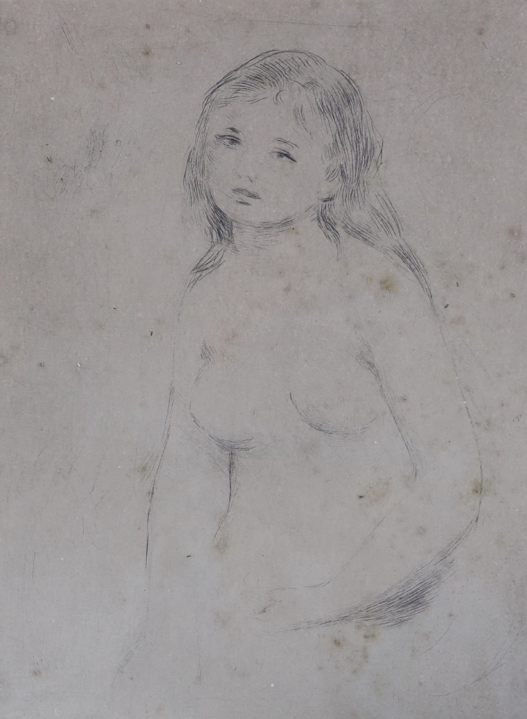 French school, etching, portrait of a young female, signed with an indistinguishable inscription, 23 x 17cm
